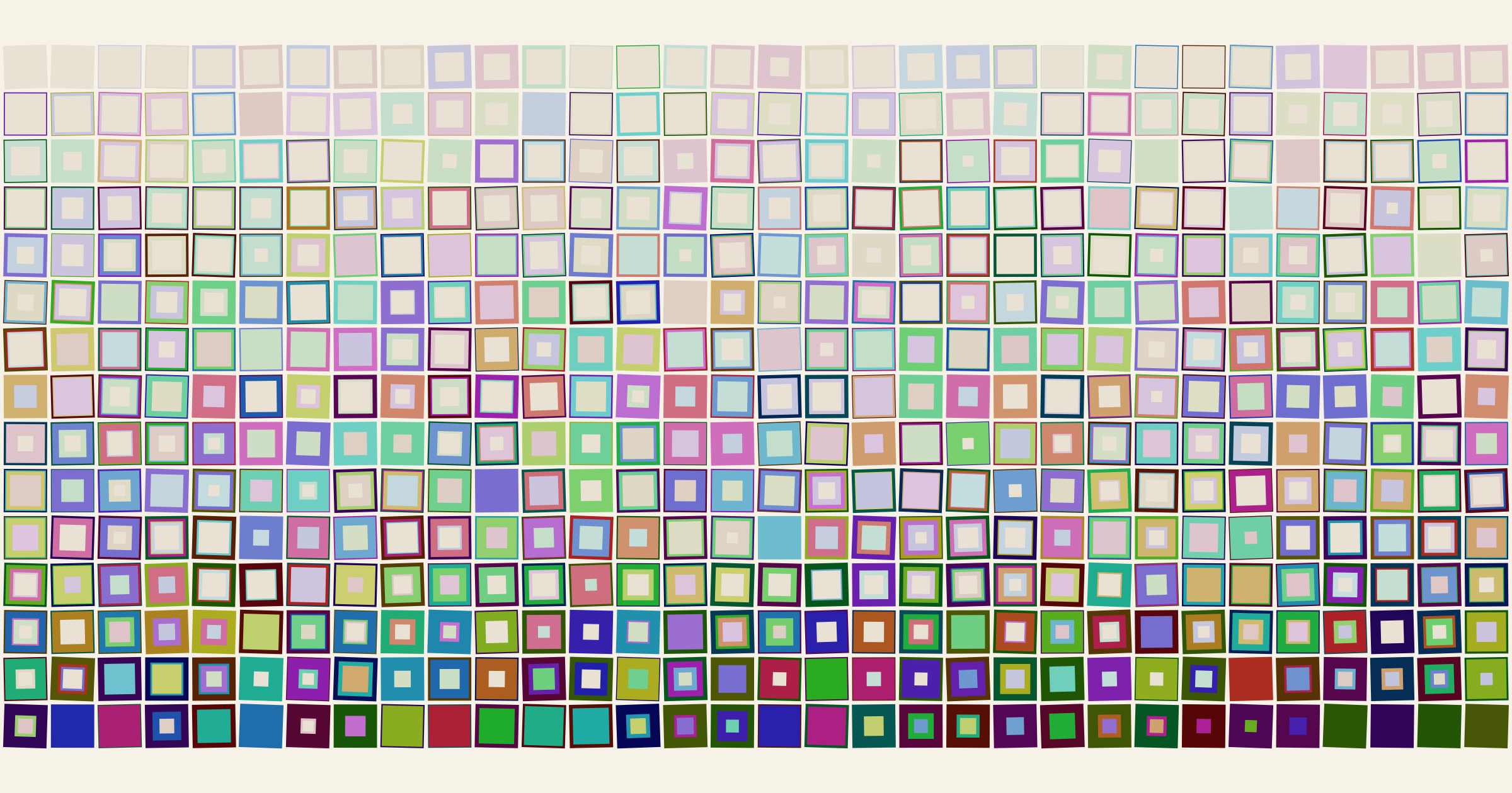The wall of all 480 occupations as squares in their own palettes, sorted by 2026 technical replaceability — mostly-cream untouched squares at the top, fully saturated squares at the bottom.